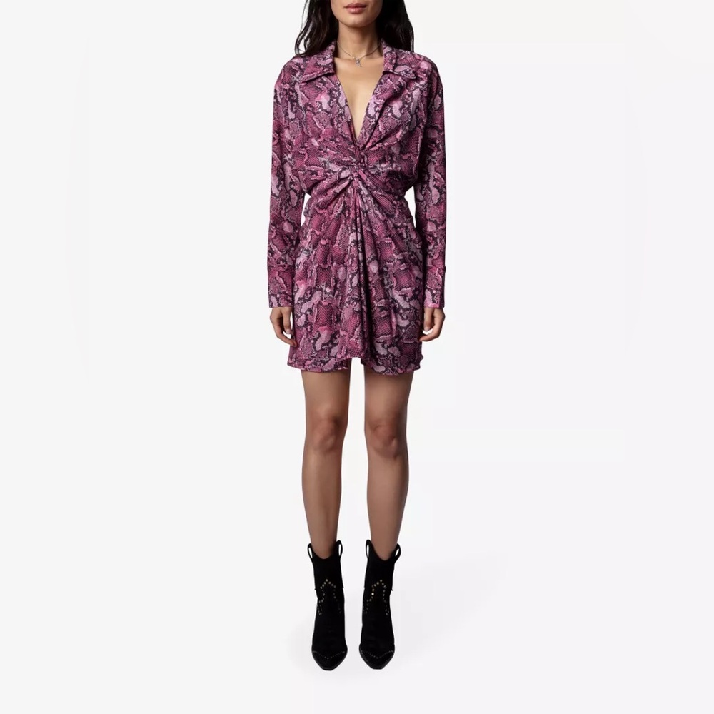 ZADIG & VOLTAIRE NWT Rozo Snake Print 100% Silk Mini Dress, Pink, Size Small
